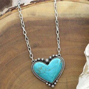 Coastal Beachy Blue Turquoise Silver Chain Pendant Necklace